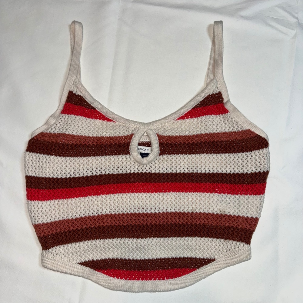 American Eagle Crochet Striped Keyhole Tank Top Small Y2K Coastal Boho Crop